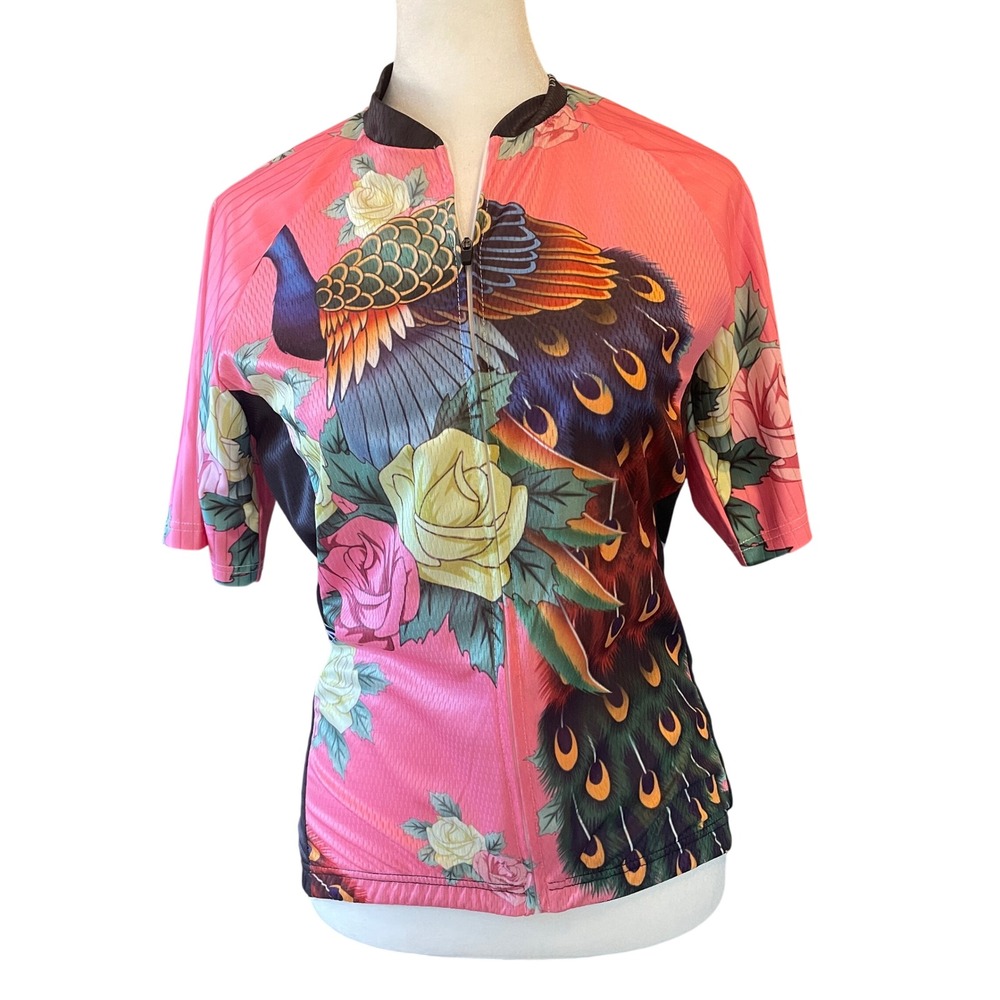 Cyhaen Womens Peacock Floral Cycling Jersey L Pink Short Sleeve Full Zip Biking‎